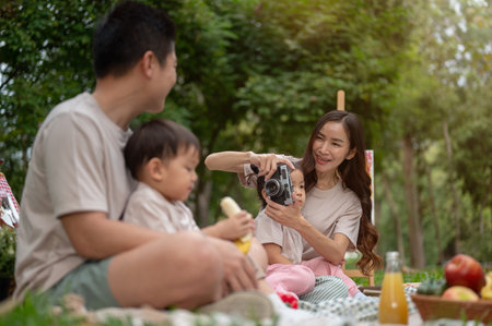 A cheerful Asian mom enjoys picnicking with her family in a public park, taking a picture of her husband and son together, having a special family moments.の写真素材