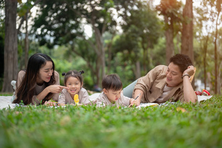 A happy Asian family lying on a picnic blanket in a park, enjoying a fun picnic time together. Their little son is drawing on a paper while their little daughter smiles at the camera beside them.の写真素材