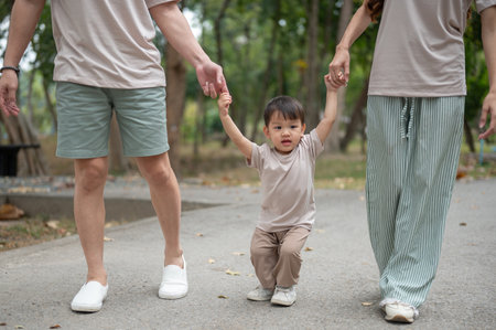 A close-up of a cute, happy little Asian boy holding his parents' hands while walking in a public park, enjoying a morning outdoors. outdoor activity, family moment, childhood, parenthoodの写真素材