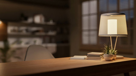 A close-up of a hardwood desk with books, decorative plants, and a table lamp, creating a warm...
