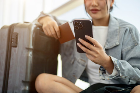 A close-up of a positive Asian female passenger sits on the floor beside her luggage in an airport terminal, enjoying a chat on her smartphone while waiting for her flight boarding time.の写真素材