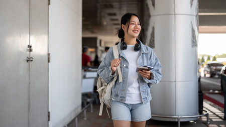 A positive, smiling Asian female traveler with a backpack walks outside the airport, arriving at her destination. traveling, flying, vacation, freedom, transportationの写真素材