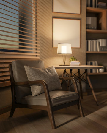 A minimalist armchair and side table sit in a cozy contemporary room, illuminated by a lamp on the table. home interior. 3d render, 3d illustrationの写真素材