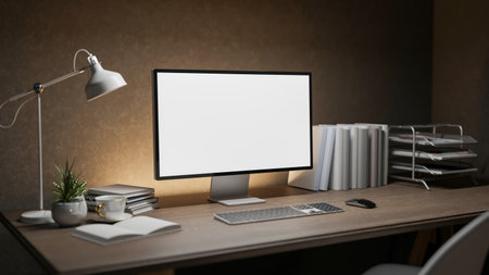A modern dark loft office workspace features a computer with a white screen mockup and decorative items on a wooden desk, illuminated by a table lamp. 3d render, 3d illustrationの写真素材