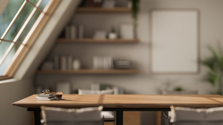 A wooden table with books and coffee under large window, with the blurred background of sunlit room....