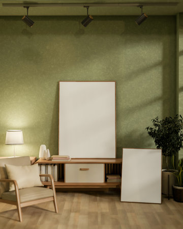 The large blank drawing frames in the middle of the green wall room, with wooden table and armchair. Cozy Interior, 3D Rendering, 3D Illustration.の写真素材