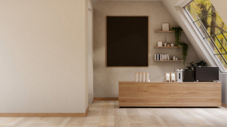 The wooden counter bar with coffee machine and coffee bean bags with a large black frame hang on the wall. break room or coffee corner. 3D Rendering, 3D Illustration.の写真素材