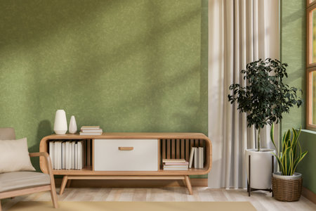 The wooden table with decors and an armchair place beside the window with white curtain in the green wall room. Green Interior, 3D Rendering, 3D Illustration.の写真素材