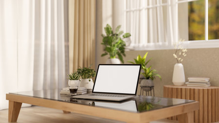 The white screen laptop on wooden table with decors placing under windows and curtains in the bright room. Cosy study room or living room. 3D Rendering, 3D Illustration.の写真素材
