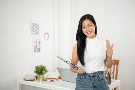 A smiling asian woman is carrying the clipboard and giving a thump up in front of her work desk....