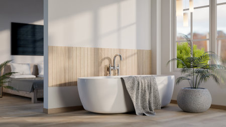 White ceramic bathtub on the wooden floor with natural light in the minimalist modern style bedroom. Bedroom or Bathroom Interior. 3D Rendering, 3D Illustration.の写真素材