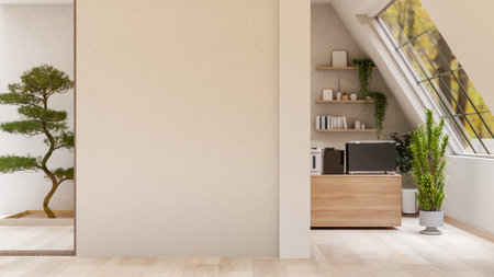 The wooden counter bar with coffee machine in the room corner under the large roof window. Office break room or coffee corner. 3D Rendering, 3D Illustration.の写真素材