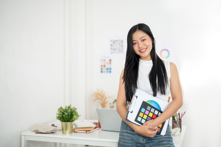 A smiling asian woman is standing and carrying the clipboard with working materials in her hand. Interior Designer or Graphic Designer in office.の写真素材