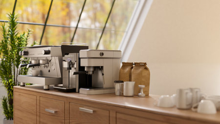 Close up of a wooden counter bar with coffee machine and coffee bean bags under the large roof window. Cosy coffee house or cafe. 3D Rendering, 3D Illustration.の写真素材