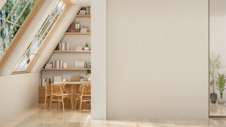 The set of a wooden table and chairs under the roof windows in the bright room corner. Cosy study room or workspace. 3D Rendering, 3D Illustration.の写真素材