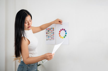 An asian woman is looking at documents in her hand while sticking printed color wheel chart on wall. Interior Designer or Graphic Designer working in office.の写真素材