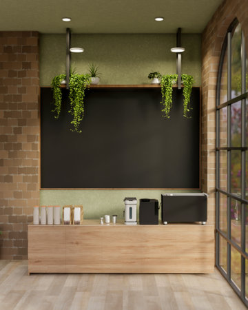The wooden counter bar with coffee making equipments in front of a large black chalkboard. Coffee shop or Cafe interior. 3D Rendering, 3D Illustration.の写真素材