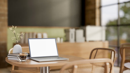 The white screen laptop with books and a coffee cup on wooden table in the coffee shop or cafe. Advertising mockup, 3D Rendering, 3D Illustration.の写真素材