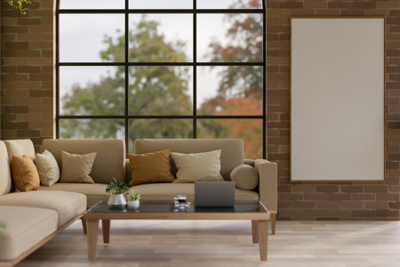 The set of fabric sofas and a wooden table in earth tone living room or a lounge with brick wall and parquet wood floor. 3D Rendering, 3D Illustration.の写真素材