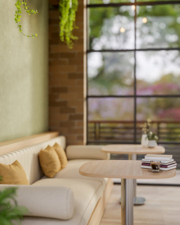 The books and a coffee cup on wooden table with glass top and fabric sofas in a cafe or a lounge with green wall. Cozy interior, 3D Rendering, 3D Illustration.の写真素材