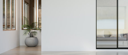 Minimalist modern style corridor with wooden floor and plant pot beside white wall of living room or break room. Hallway interior, 3D rendering, 3D Illustration.の写真素材