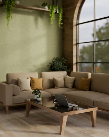 The laptop on wooden table with glass top and fabric sofas in cosy living room or a lounge with green wall. Cafe or Lounge interior, 3D Rendering, 3D Illustration.の写真素材