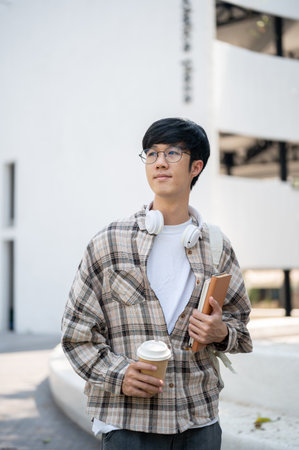 An asian man with glasses is holding a coffee cup with books and looking away while standing in front of a building. Walking outdoor or going somewhere.の写真素材