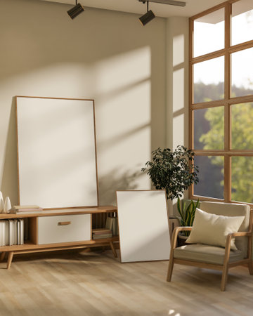 The large blank drawing frames in the corner of white wall room next to a wooden table and armchair....