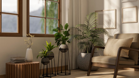 A group of indoor plants set in the room corner under the window and next to an armchair. living room interior. 3D Rendering, 3D Illustration.の写真素材