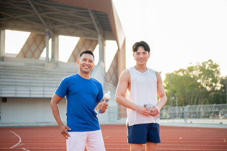 Two smiling asian athlete men are holding their water bottle and standing together on the racetrack. Jogging or Running, Outdoor exercise or work out.の写真素材