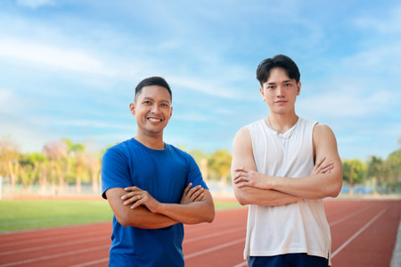 Two asian athlete men are standing together with arms crossed, Posing and looking at camera on the racetrack. Jogging or Running, Outdoor exercise or work out.の写真素材