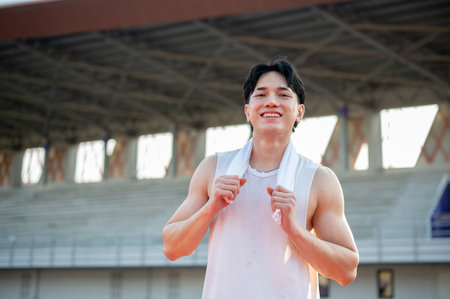 Asian man in white tank top is standing and holding a towel on shoulder, taking a rest after running. Outdoor exercise or training. Sport and health.の写真素材