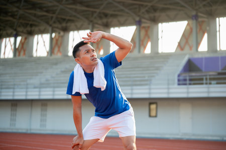 Asian man in blue t shirt is standing with hands on his knee and looking up with hand over eyes. taking a rest after running. Outdoor exercise or training.の写真素材