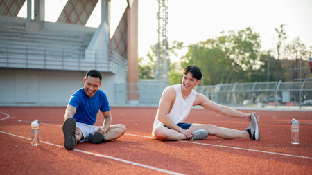Two asian athlete men are happily stretching their muscles together on racetrack. Jogging or Running, Outdoor exercise or work out, Sport and health.の写真素材
