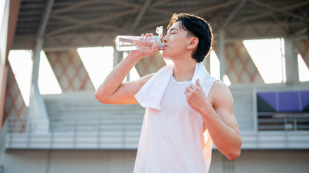 Asian man in white tank top standing and drinking from a clear water bottle, taking a rest after running. Outdoor exercise or training. Sport and health.の写真素材