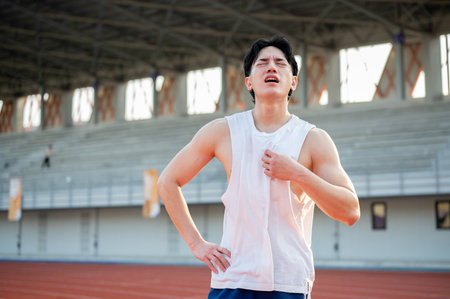 Asian man is standing with one hand on waist and other hand grabbing a white tank top, feeling hot or tired after running. Outdoor exercise or training.の写真素材