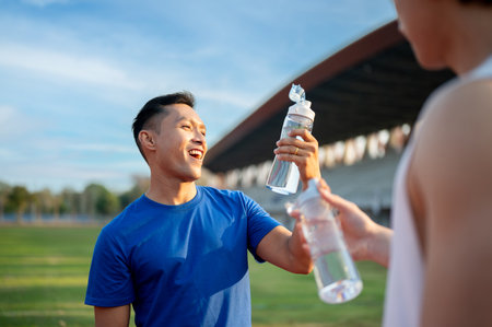 Two asian athlete men holding and looking at their water bottle while talking together on racetrack. Jogging or Running, Outdoor exercise or work out.の写真素材