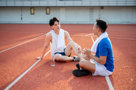 Two asian athlete men are taking a rest, sitting together on the racetrack. Jogging or Running, Outdoor exercise or work out, Sport and health.の写真素材
