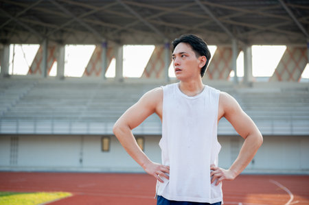 Asian man in white tank top standing with hands on his waist, taking a rest after running on racetrack. Outdoor exercise or work out. Sport and health.の写真素材