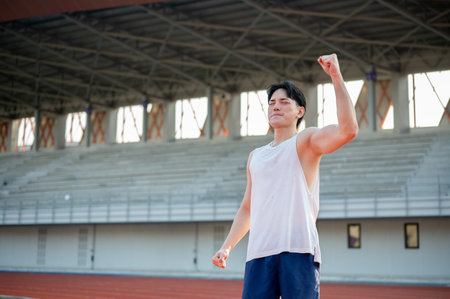 Asian man in white tank top is closing eyes and raising a fist while standing on racetrack. Finish a run or cheering, Outdoor exercise or training.の写真素材