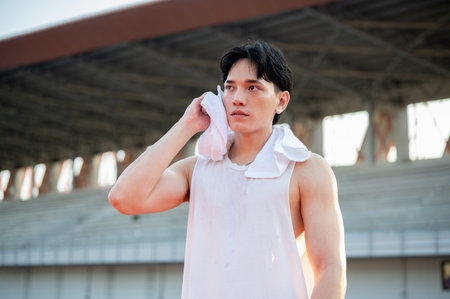 Asian man in white tank top is standing and wiping his sweat with towel, taking a rest after running. Outdoor exercise or training. Sport and health.の写真素材