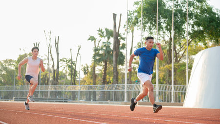 Blue shirt asian athlete man is running in front of a man in white tank top on the racetrack....