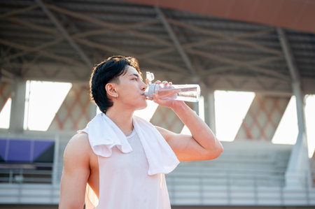 Asian man in white tank top is standing and drinking from a water bottle, taking a rest after running. Outdoor exercise or training. Sport and health.の写真素材