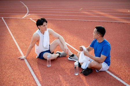 Two asian athlete men are taking a rest, sitting together on racetrack. Jogging or Running, Outdoor exercise or work out, Sport and health.の写真素材