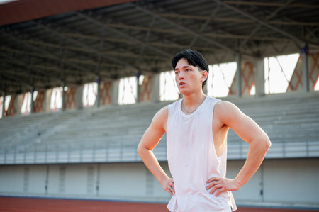 Asian man in white tank top is standing with hands on waist, taking a rest after running on racetrack. Outdoor exercise or training. Sport and health.の写真素材