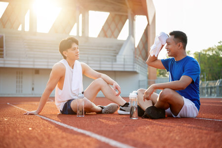 Two asian athlete men are taking a rest, sitting together on the racetrack. Jogging or Running, Outdoor exercise or work out, Sport and health.の写真素材