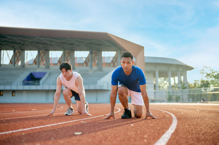 Two asian men in a crouch start or starting position ready to run on the racetrack. Outdoor exercise or work out, Athlete training, Sport and health.の写真素材