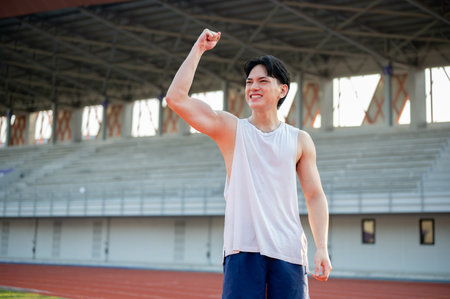 Asian man in white tank top is smiling and raising a fist while standing on racetrack. Finish a run or cheering a friend, Outdoor exercise or training.の写真素材
