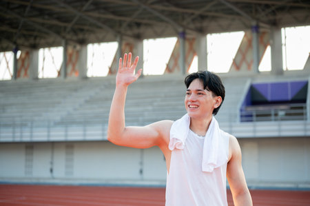 An asian man in white tank top is smiling and waving a hand while standing on the racetrack. Greeting or goodbye, Outdoor exercise or training.の写真素材