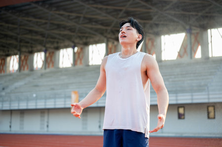 Asian man in white tank top standing with open arms and and deep breathing, taking a rest after running. Outdoor exercise or training. Sport and health.の写真素材